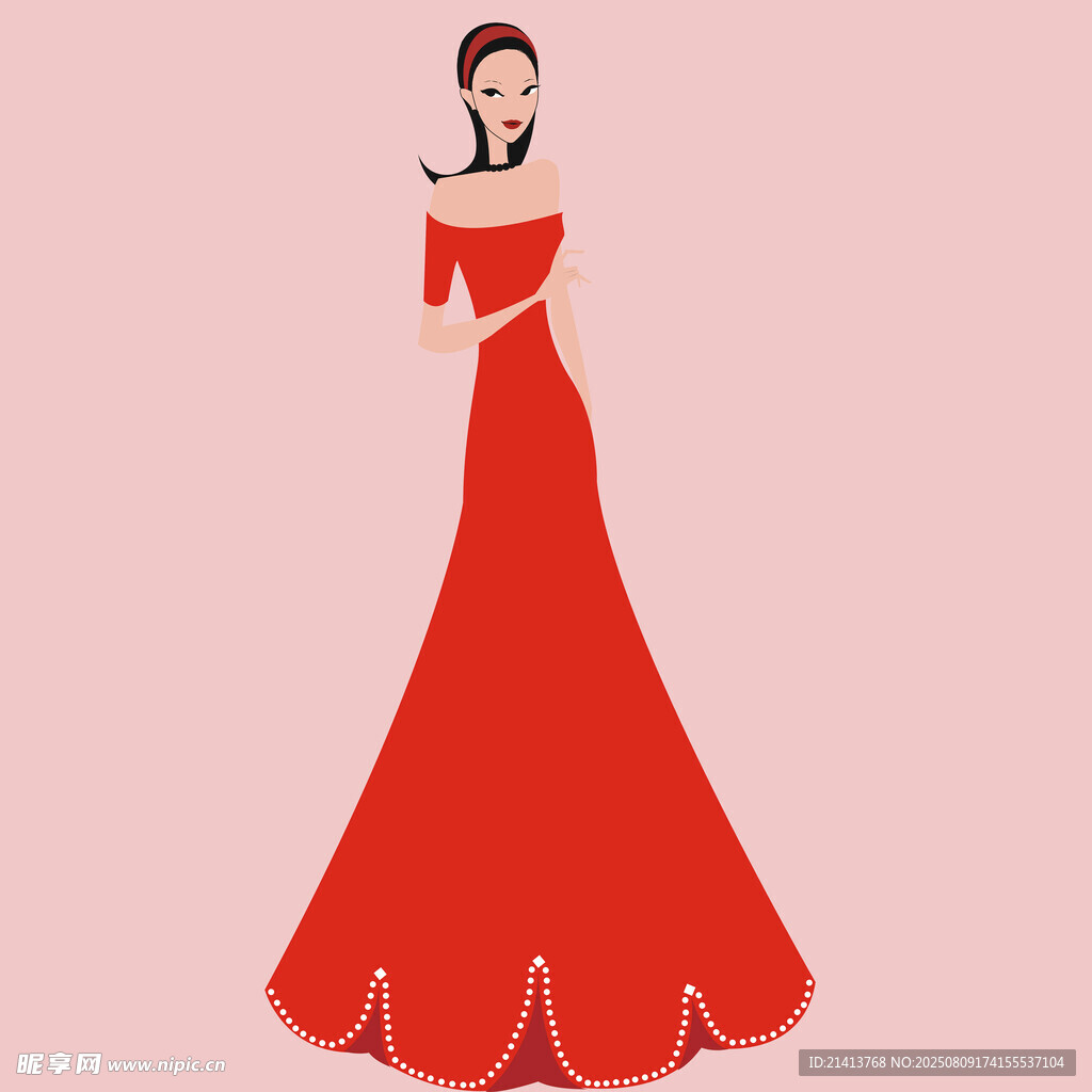 优雅红衣女子礼服插画