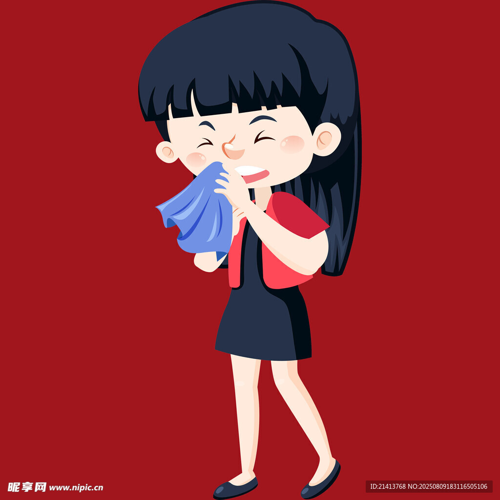 女孩手持蓝色手帕擦拭