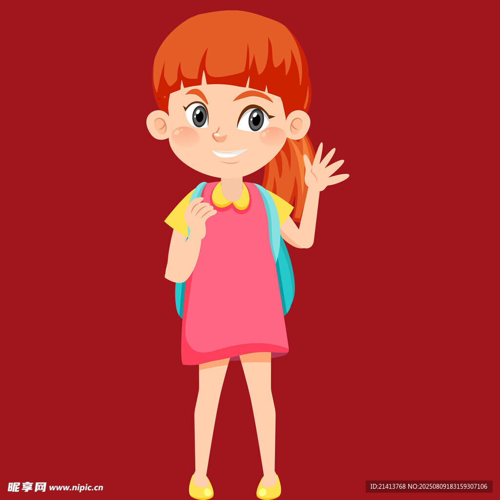 背着书包挥手的红发女孩