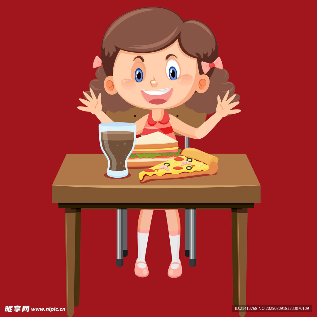 女孩开心享用披萨与饮料