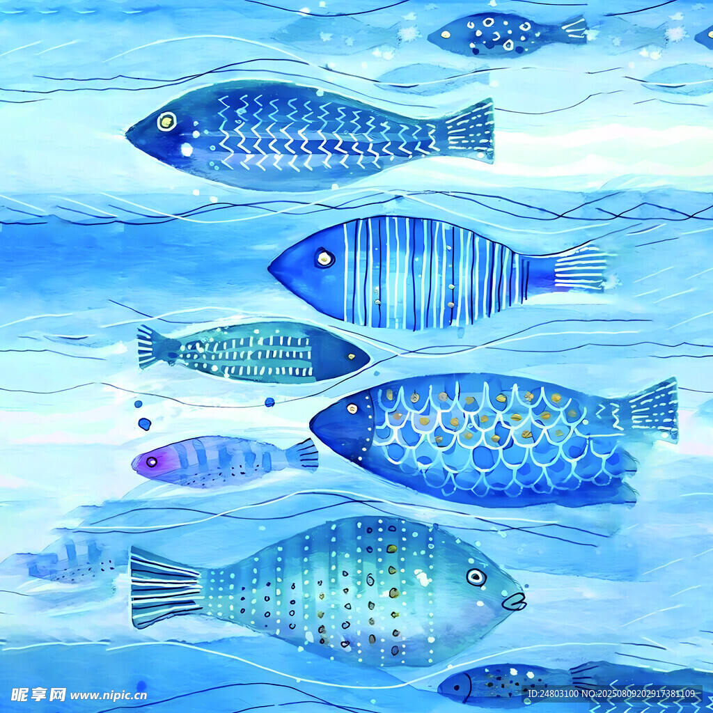 蓝色海洋中游动的多彩鱼群