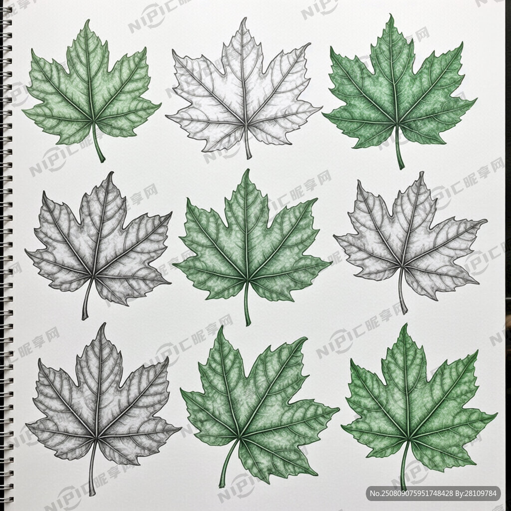 多个绿色桑叶素描线稿