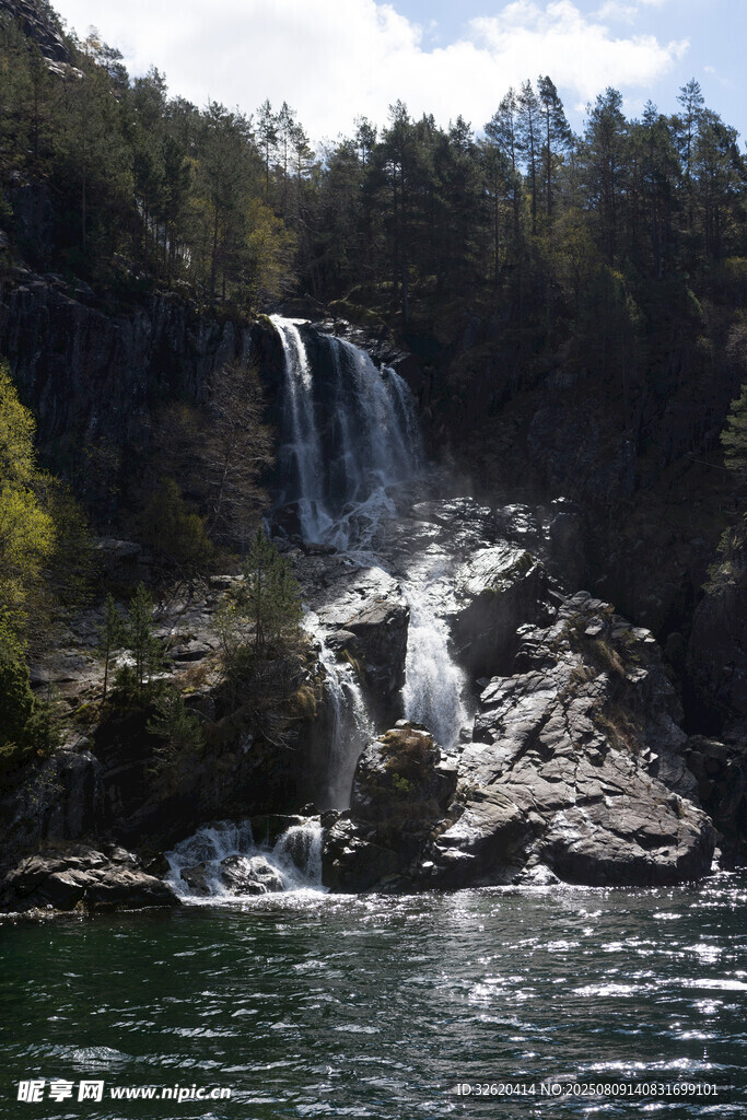 山间瀑布下的碧水美景