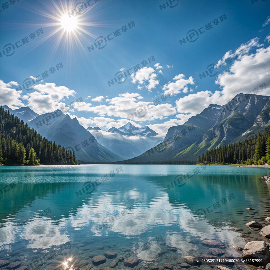 蓝色湖水   远处金山层叠  