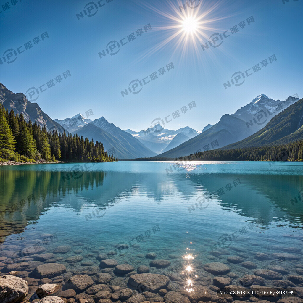 蓝色湖水   远处金山层叠  