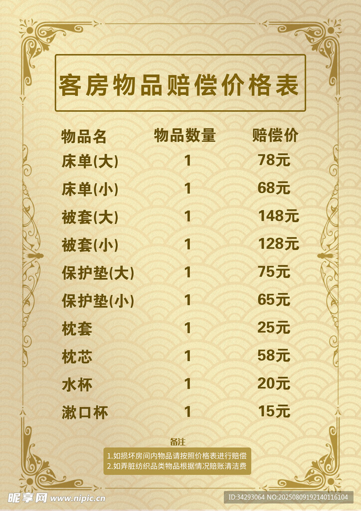 客房物品赔偿价格表