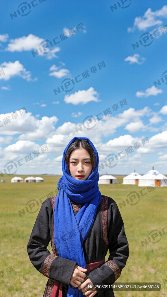 蒙古族美女献蓝色哈达全身像