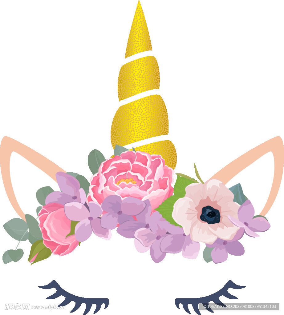 独角兽花卉头饰插画