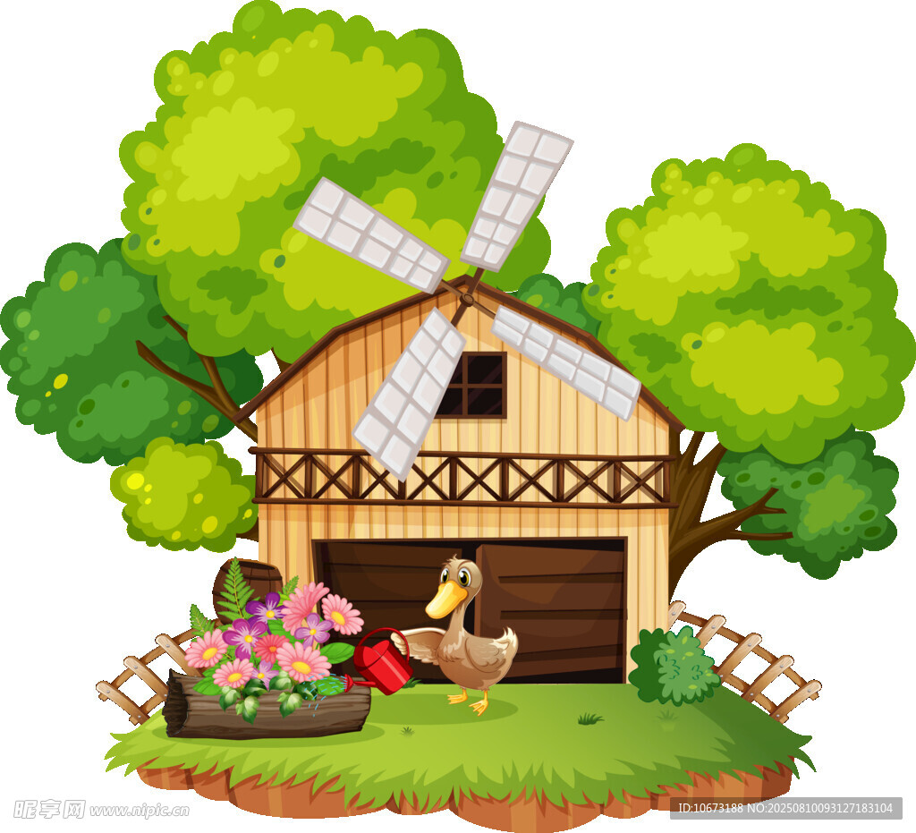 田园小屋旁的风车与人物
