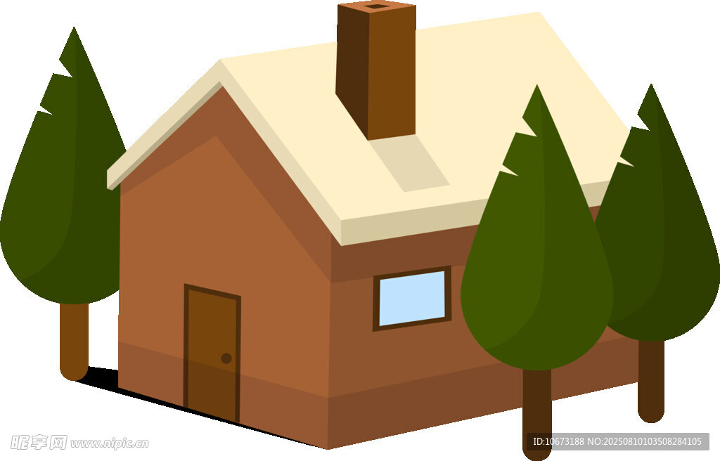 冬日小屋旁的翠绿松树