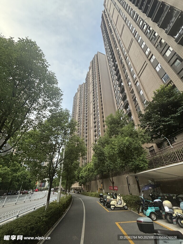 城市中高楼旁的道路景观