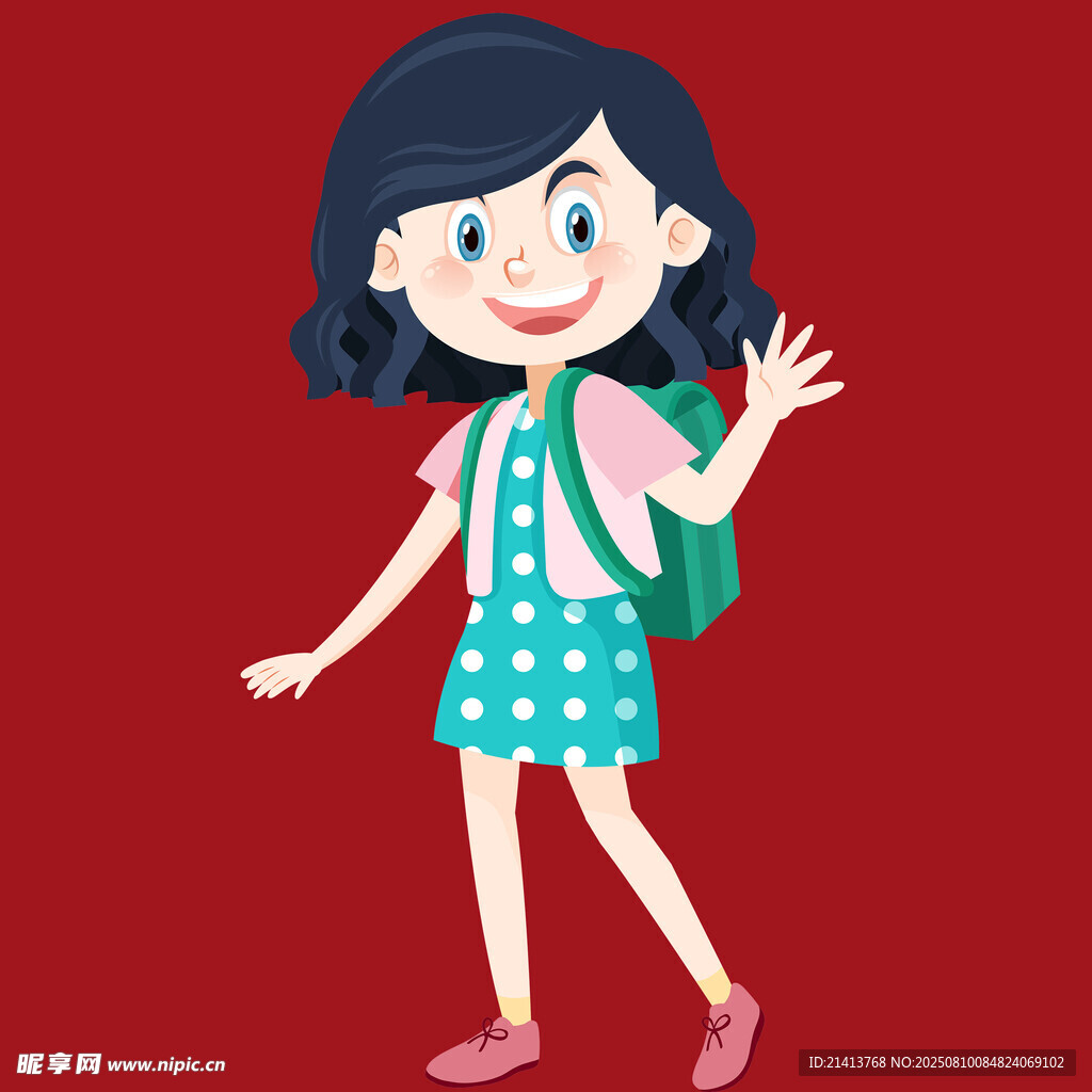 背着书包的快乐小女孩