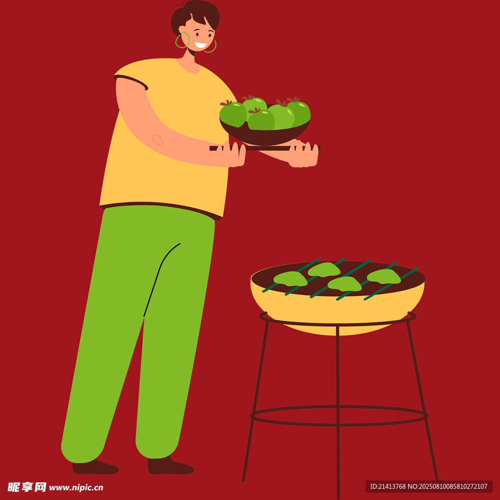 男子手持蔬菜准备烧烤