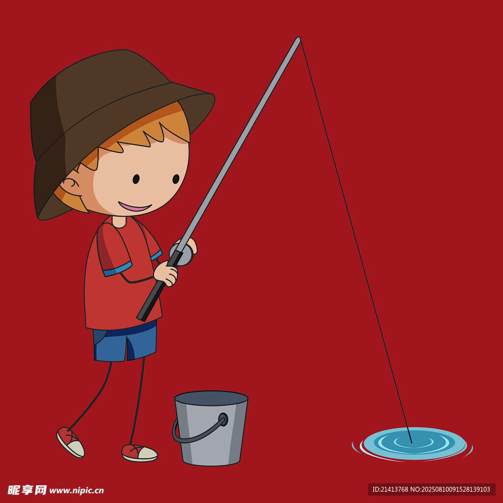 小男孩专注钓鱼瞬间