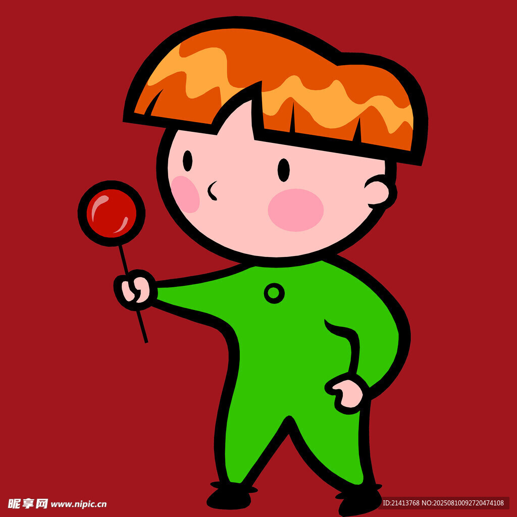 手持棒棒糖的绿衣小男孩