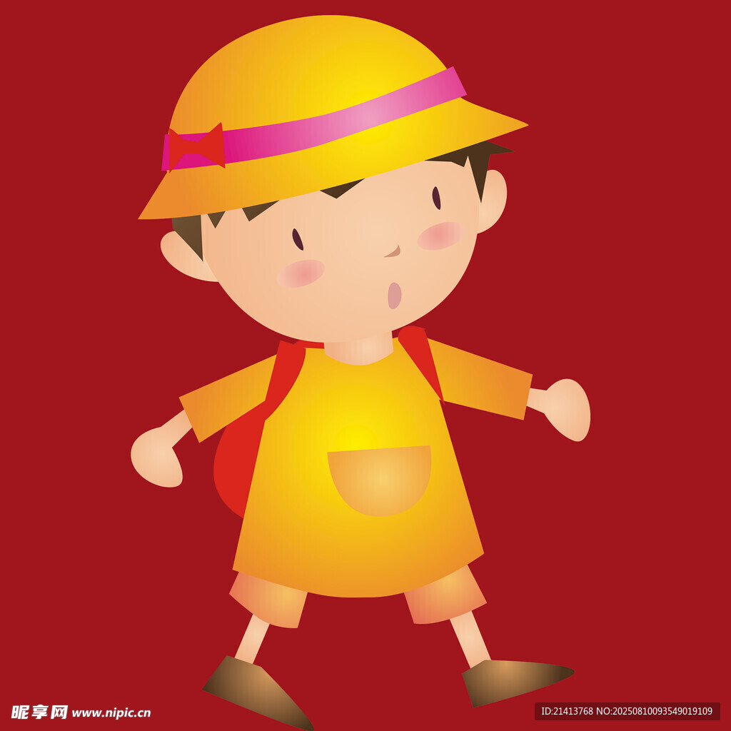 戴帽背书包的可爱小男孩