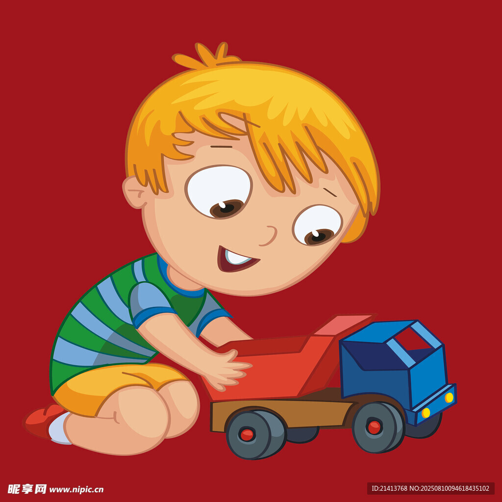 小男孩开心玩玩具卡车
