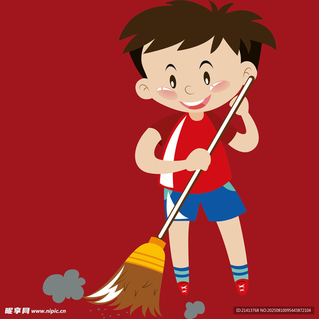 小男孩手持扫帚打扫