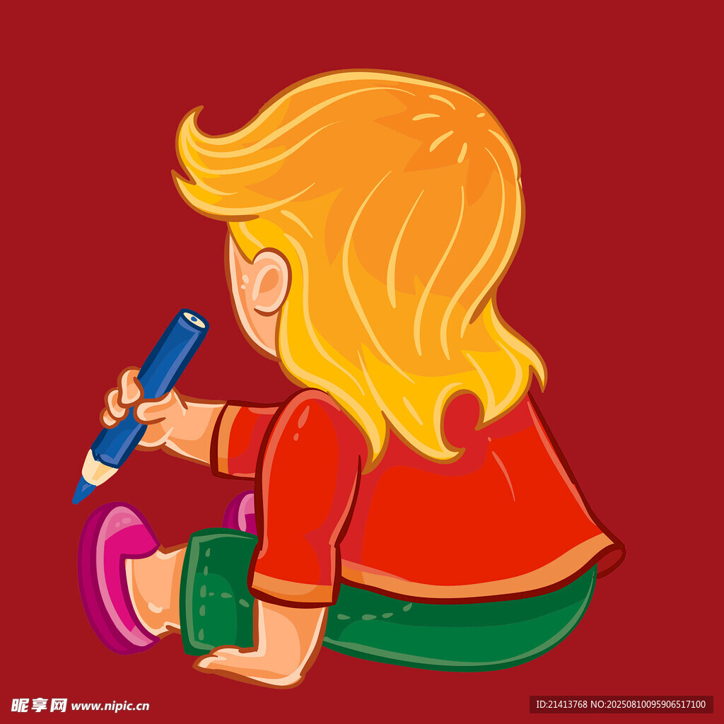 小孩专注拿笔作画