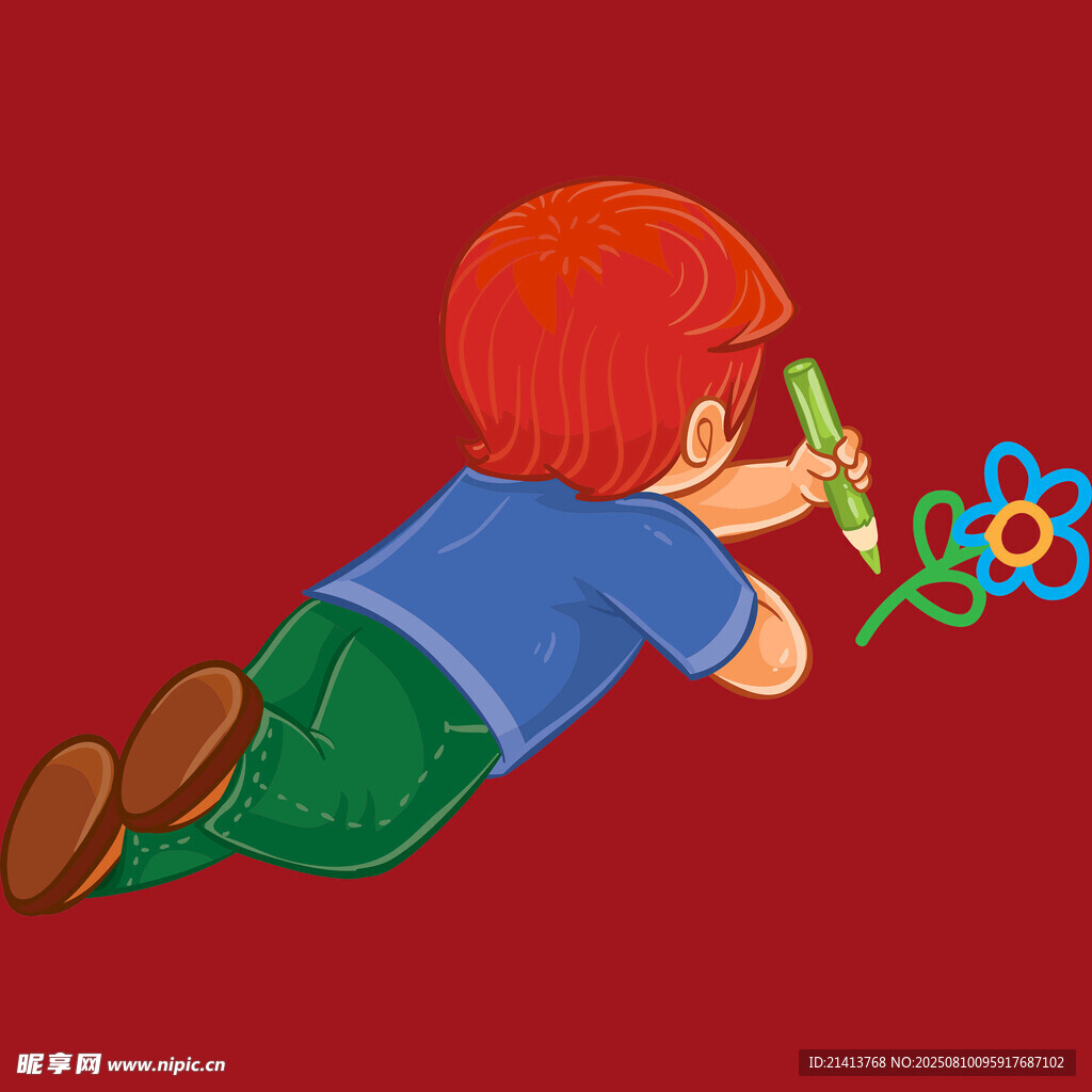 小孩趴着专注画画
