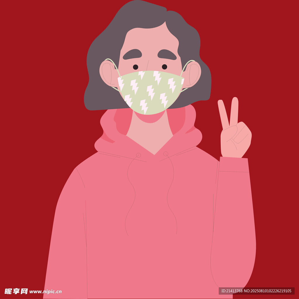 戴口罩比耶的粉色卫衣女孩