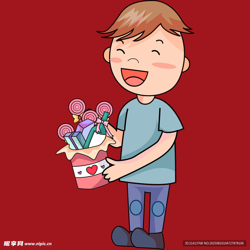 男孩手持多彩盆栽笑容灿烂