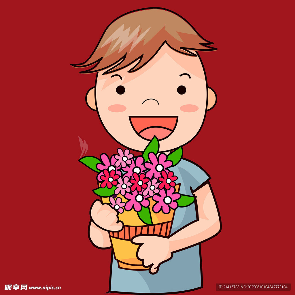 男孩捧花笑开怀