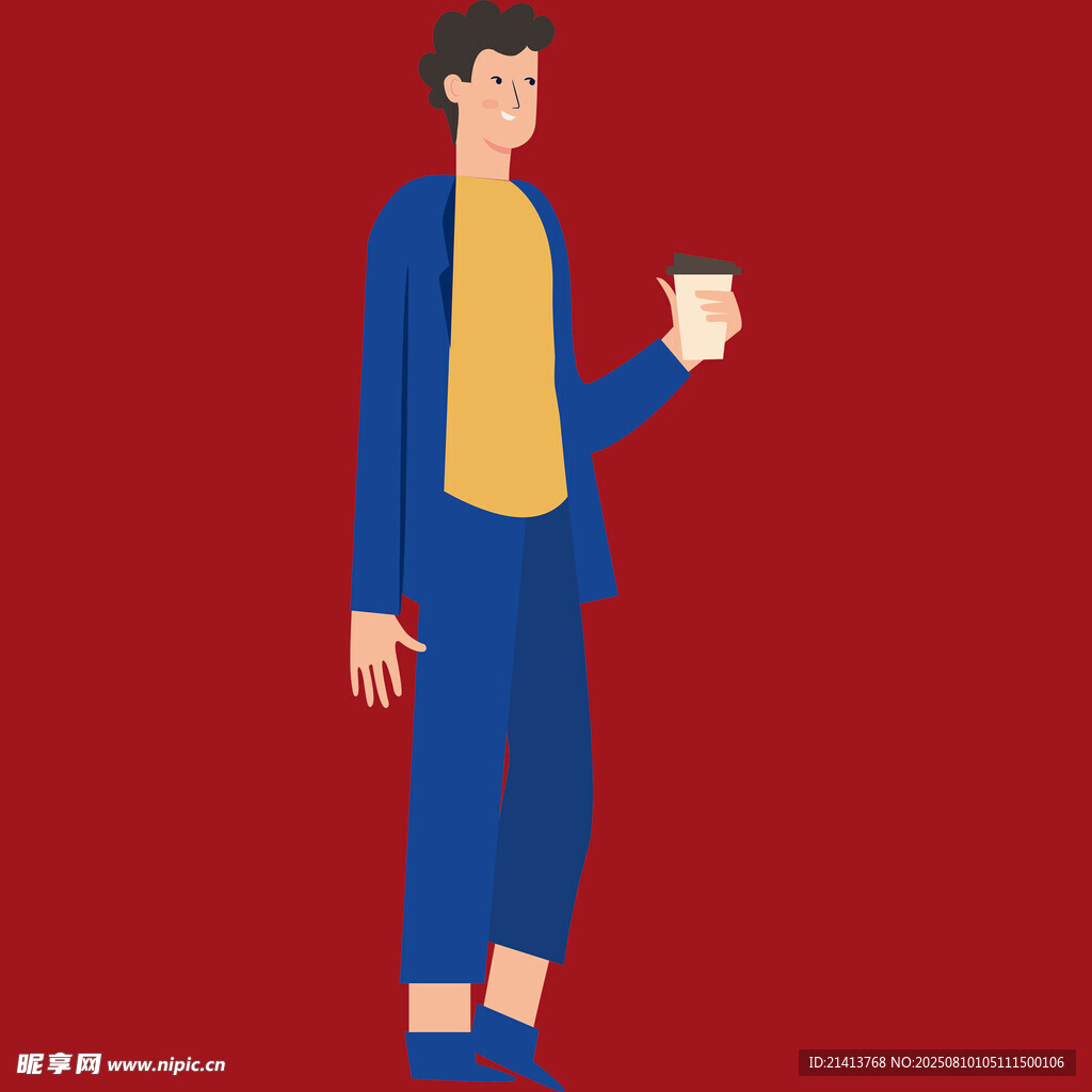 穿蓝西装手持咖啡的男子