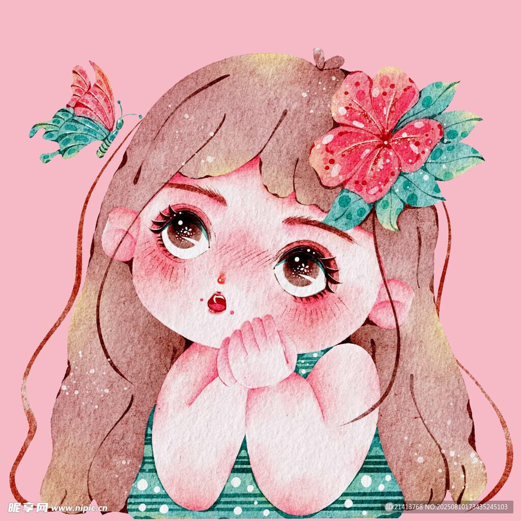可爱双花发饰女孩插画