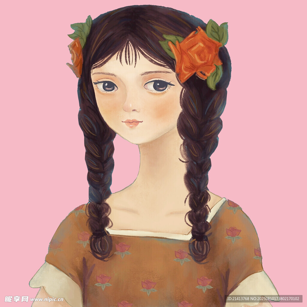 双麻花辫戴花的复古女孩
