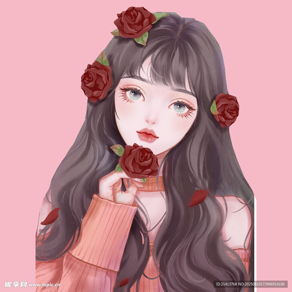 玫瑰少女插画 浪漫梦幻风