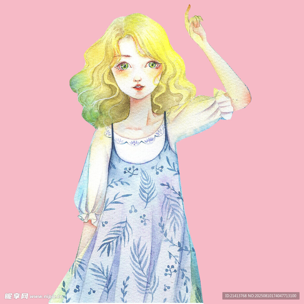 梦幻黄发少女身着蓝裙