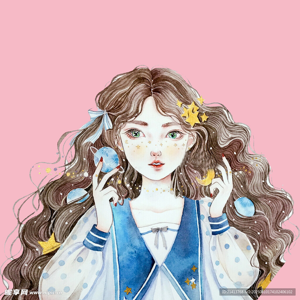 卷发少女身着蓝白服饰