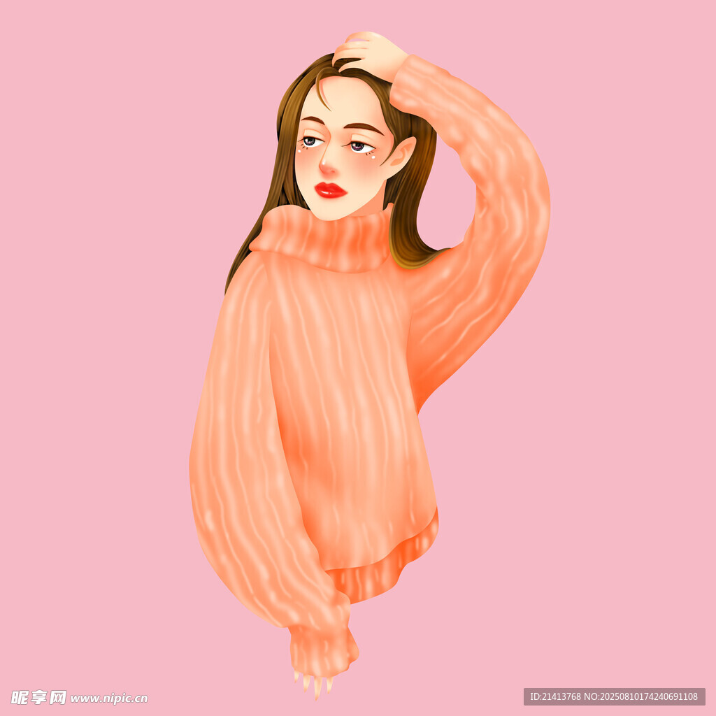 橙色毛衣女孩的时尚姿态