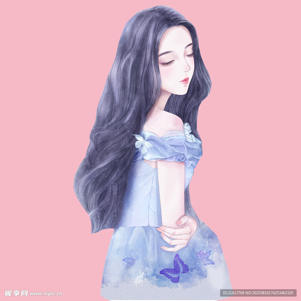 梦幻蓝发长裙少女形象