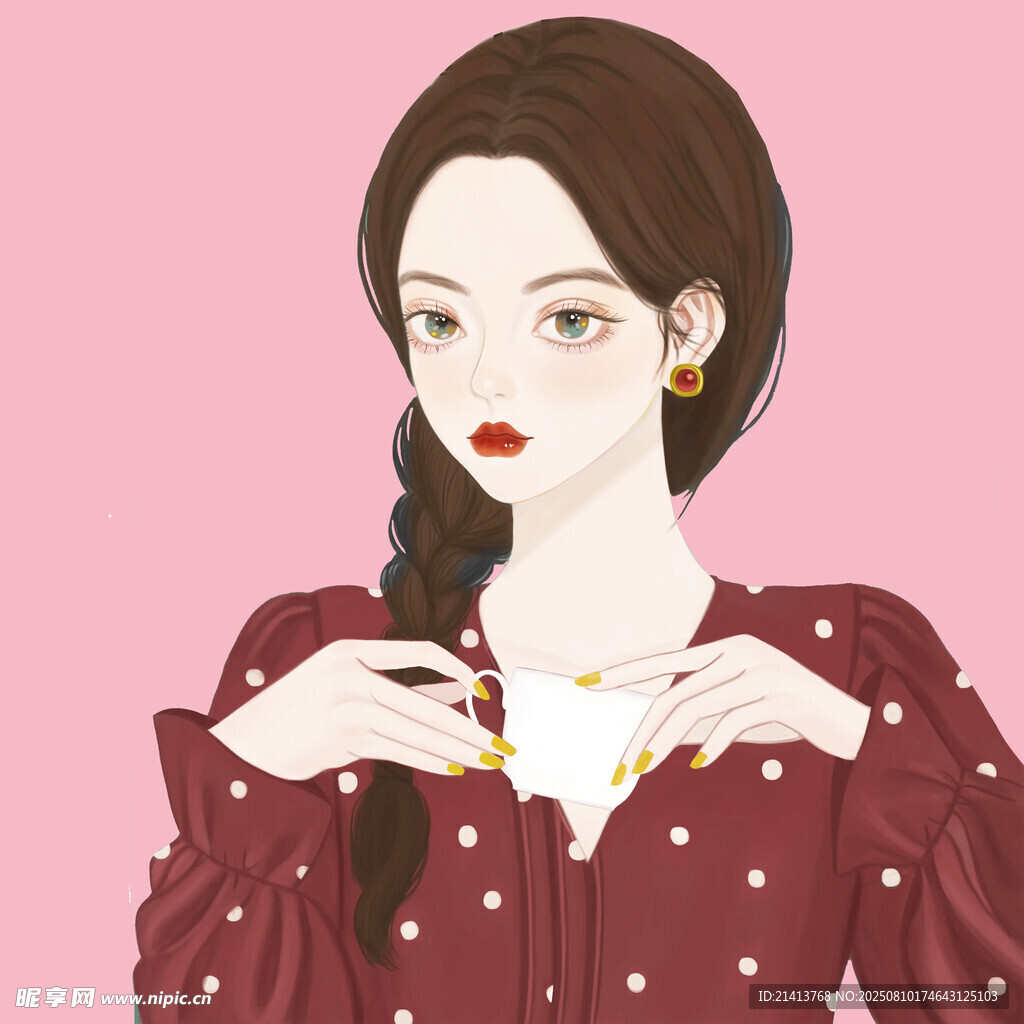 优雅波点装女子整理项链