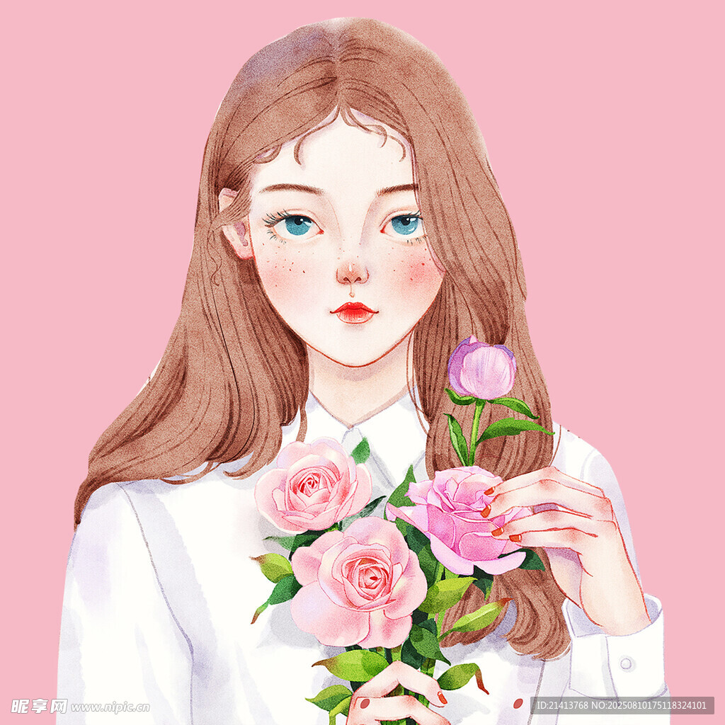 手持粉花的清新女孩