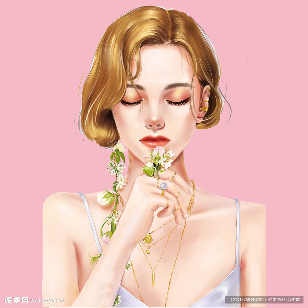 闭眼轻嗅花的优雅女子