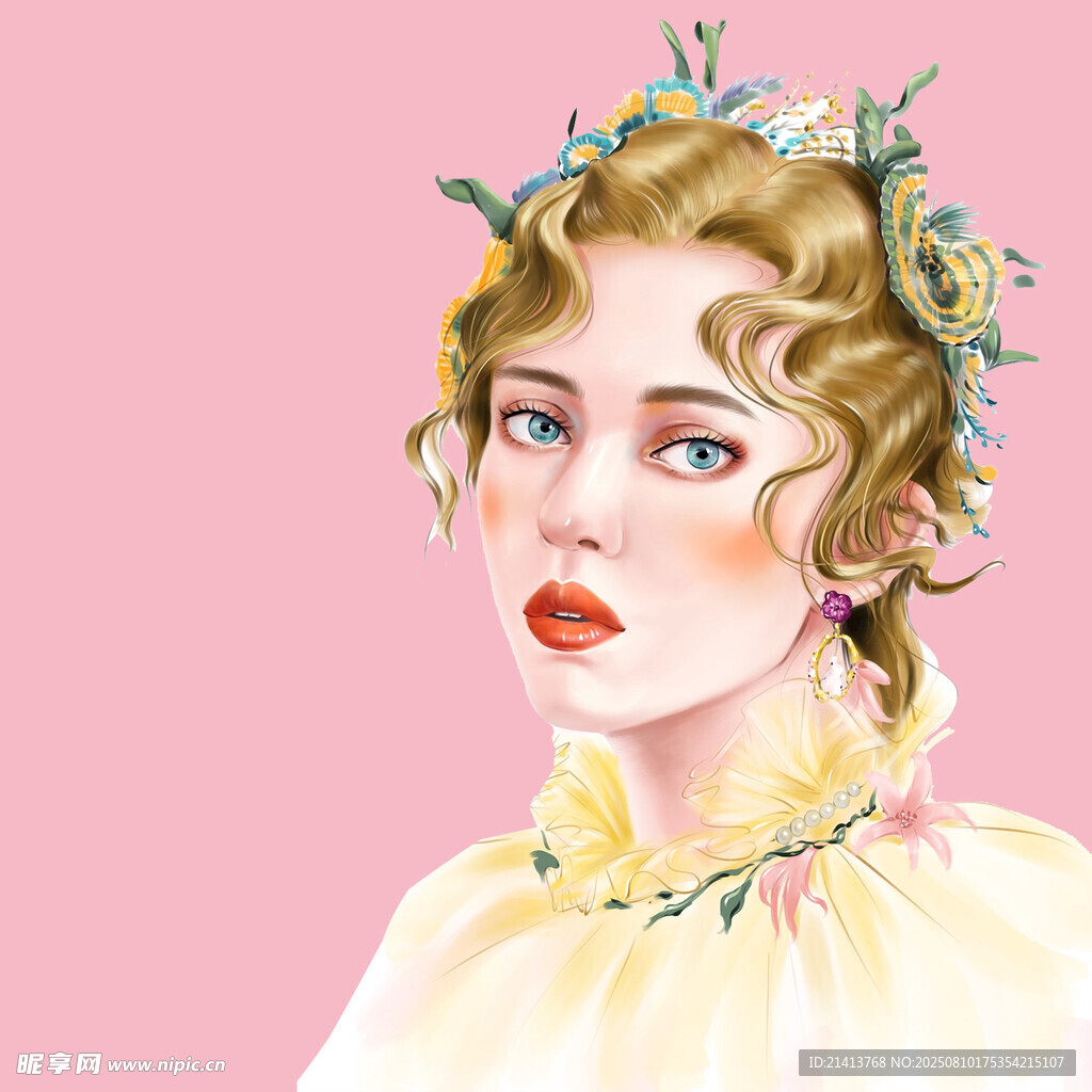 复古卷发少女花卉装扮