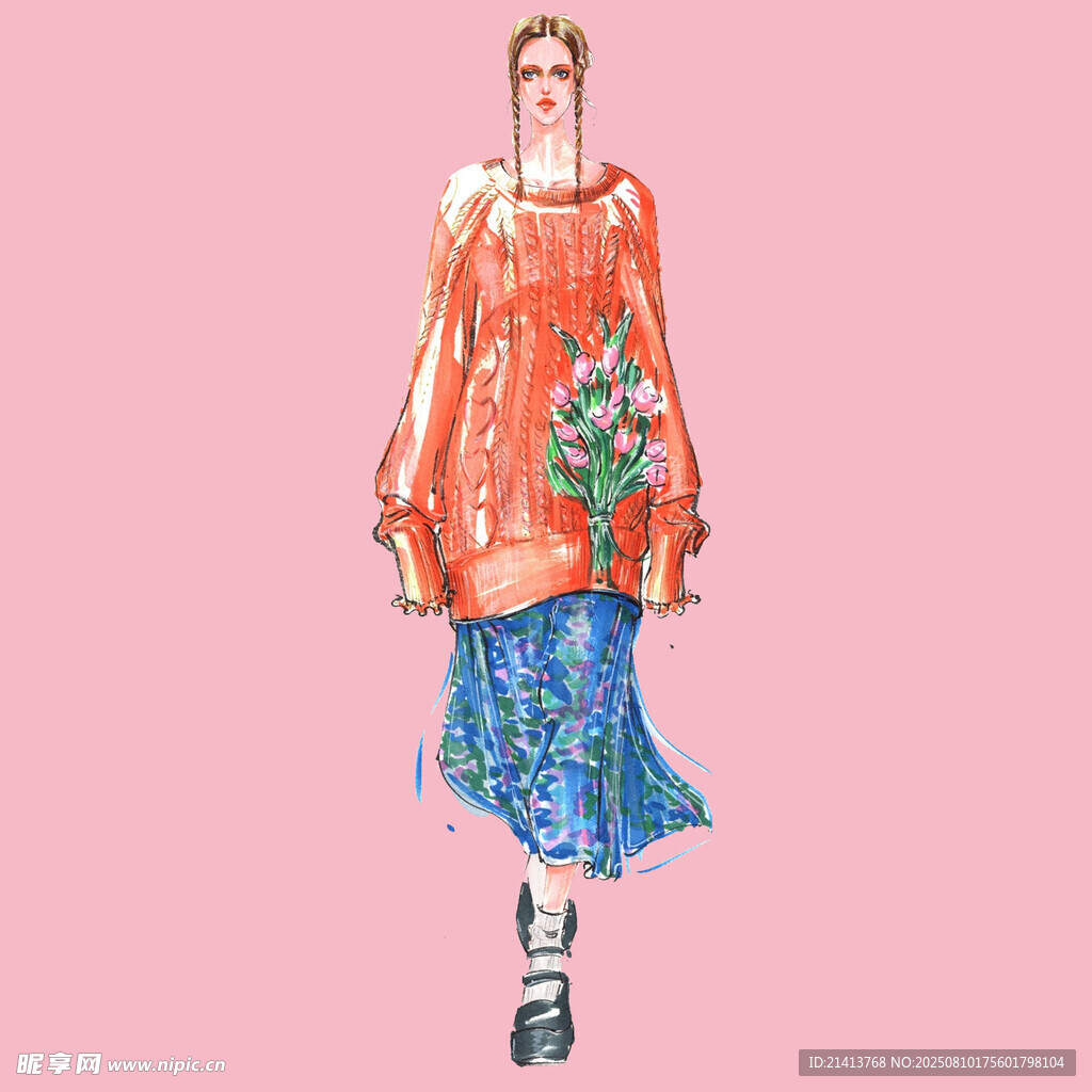 时尚女性插画 橙衣配蓝裙