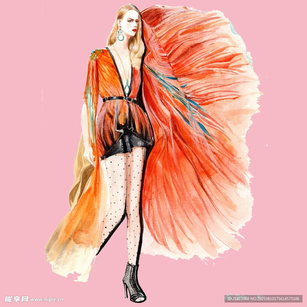 飘逸橙羽时尚女性插画