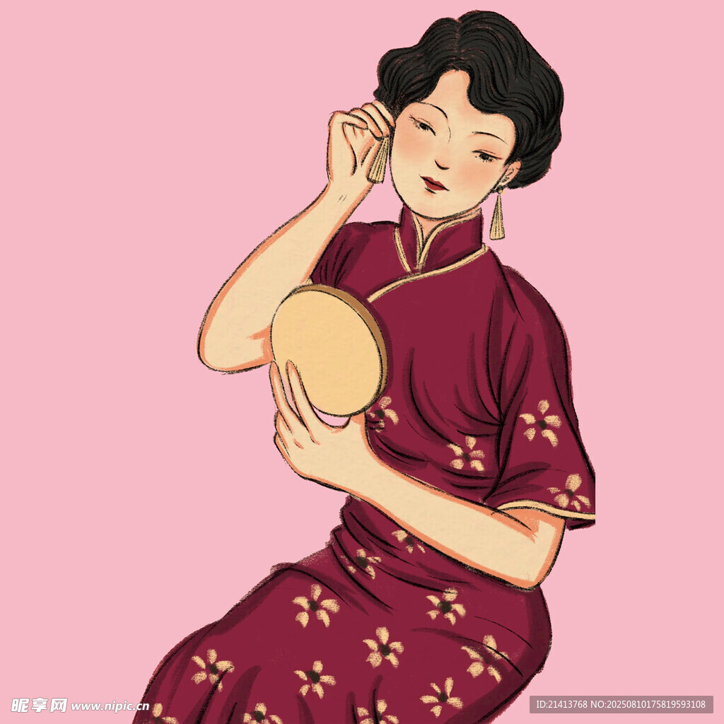复古旗袍女子手持圆镜