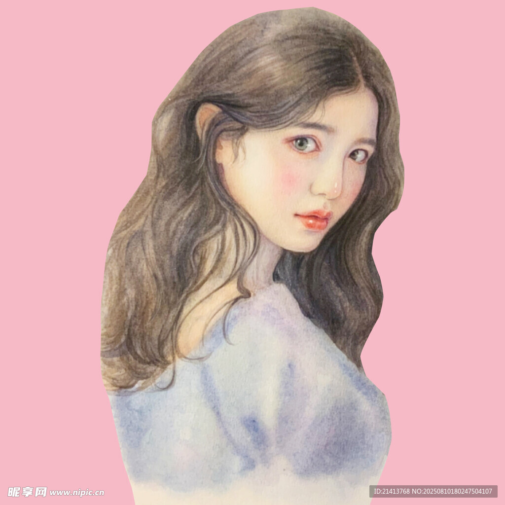 手绘长发温柔少女形象