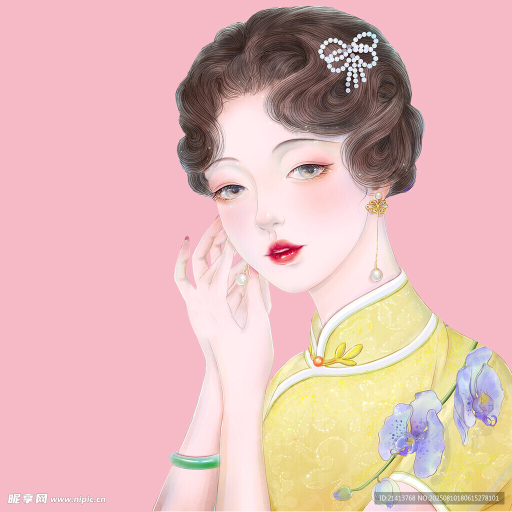 复古旗袍女子优雅姿态