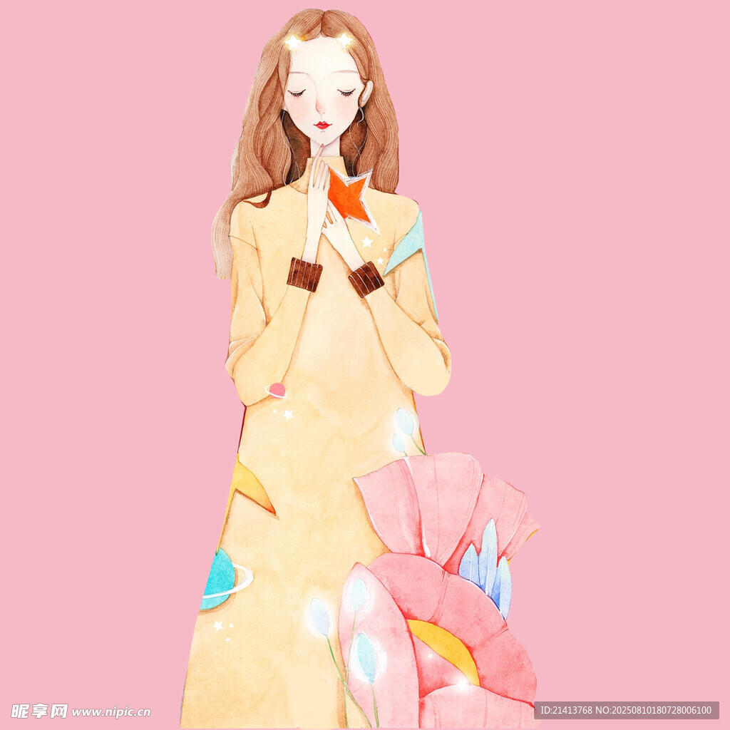 手持花束的优雅长发女孩