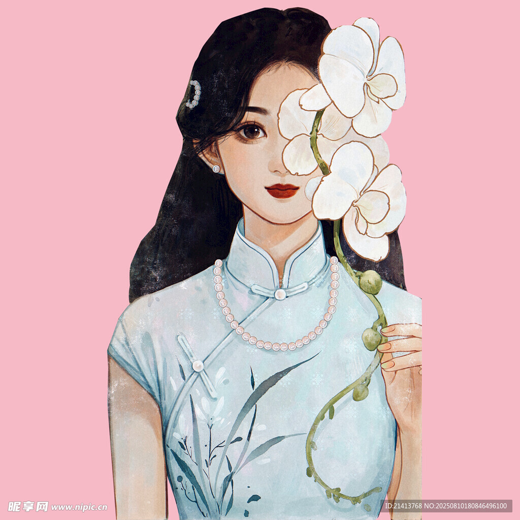 旗袍女子持花优雅模样