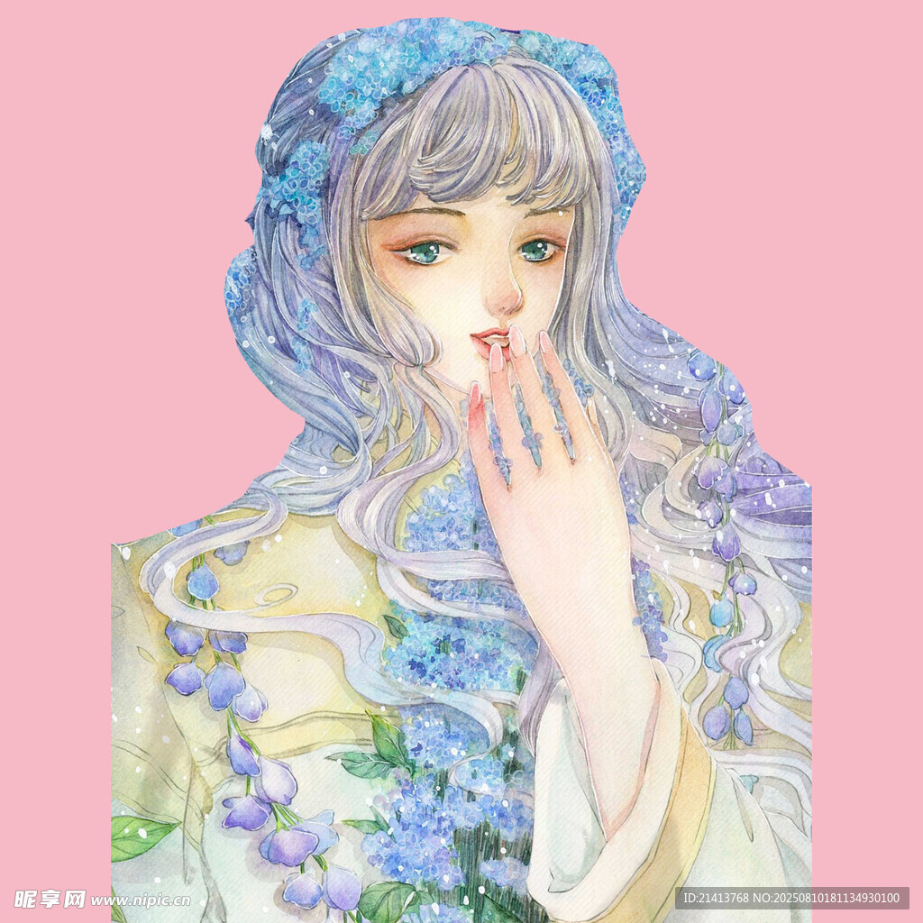 梦幻蓝发少女优雅姿态