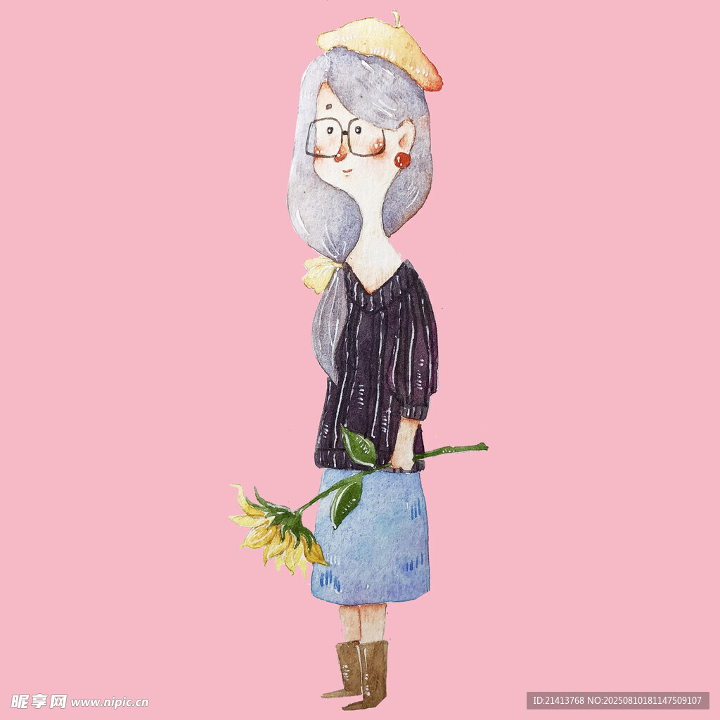手持花束的时尚卡通女孩