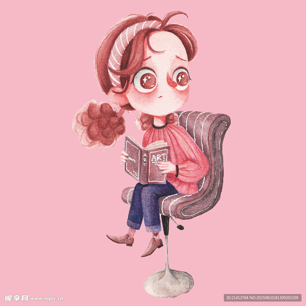 坐在椅子上的红发手绘女孩