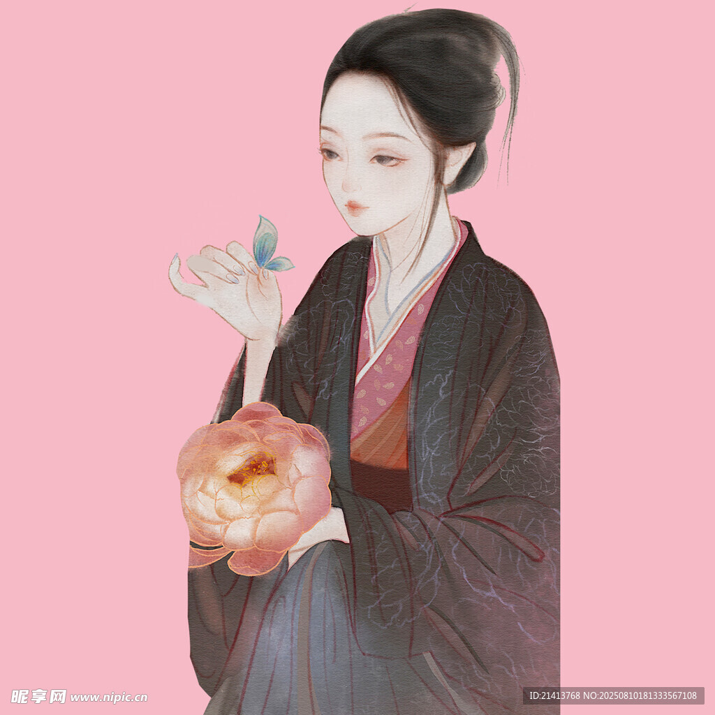 古风女子持物赏蝶图